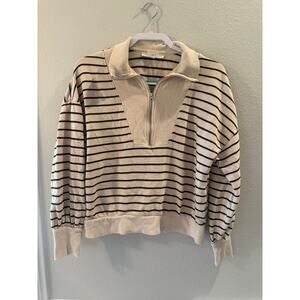 LOFT Women's Striped Quarter-zip Pullover Navy Cream Sweatshirt Sz M